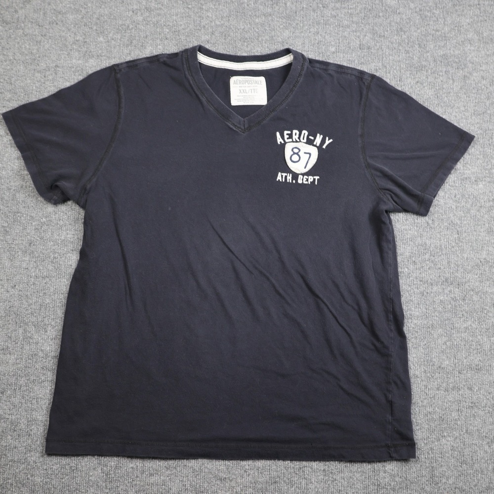 Aeropostale Shirt Mens 2XL Black V Neck Aero NY 87 Ath Dept Graphic Tee